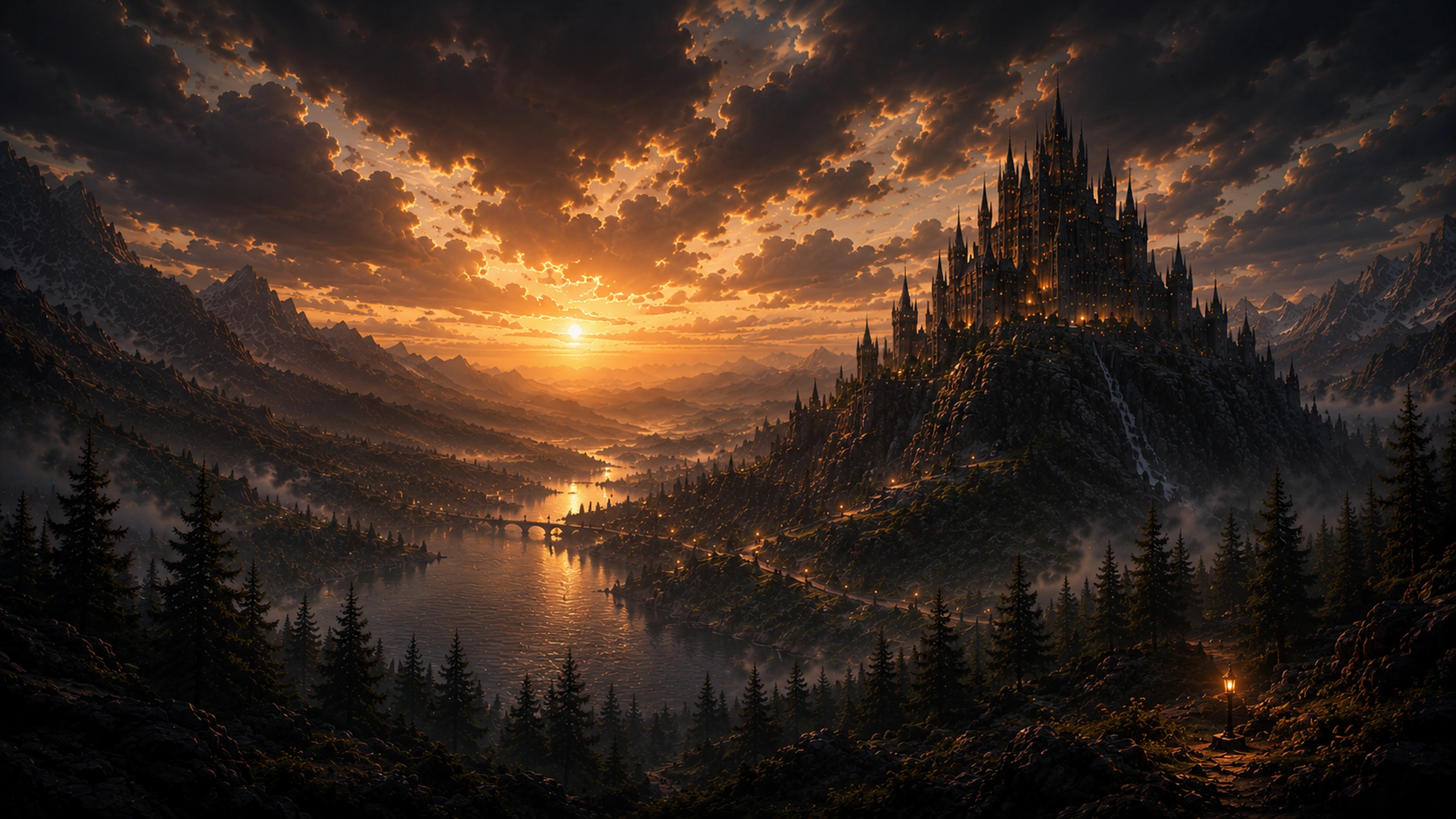 A candlelit gothic citadel above a misted valley at dusk